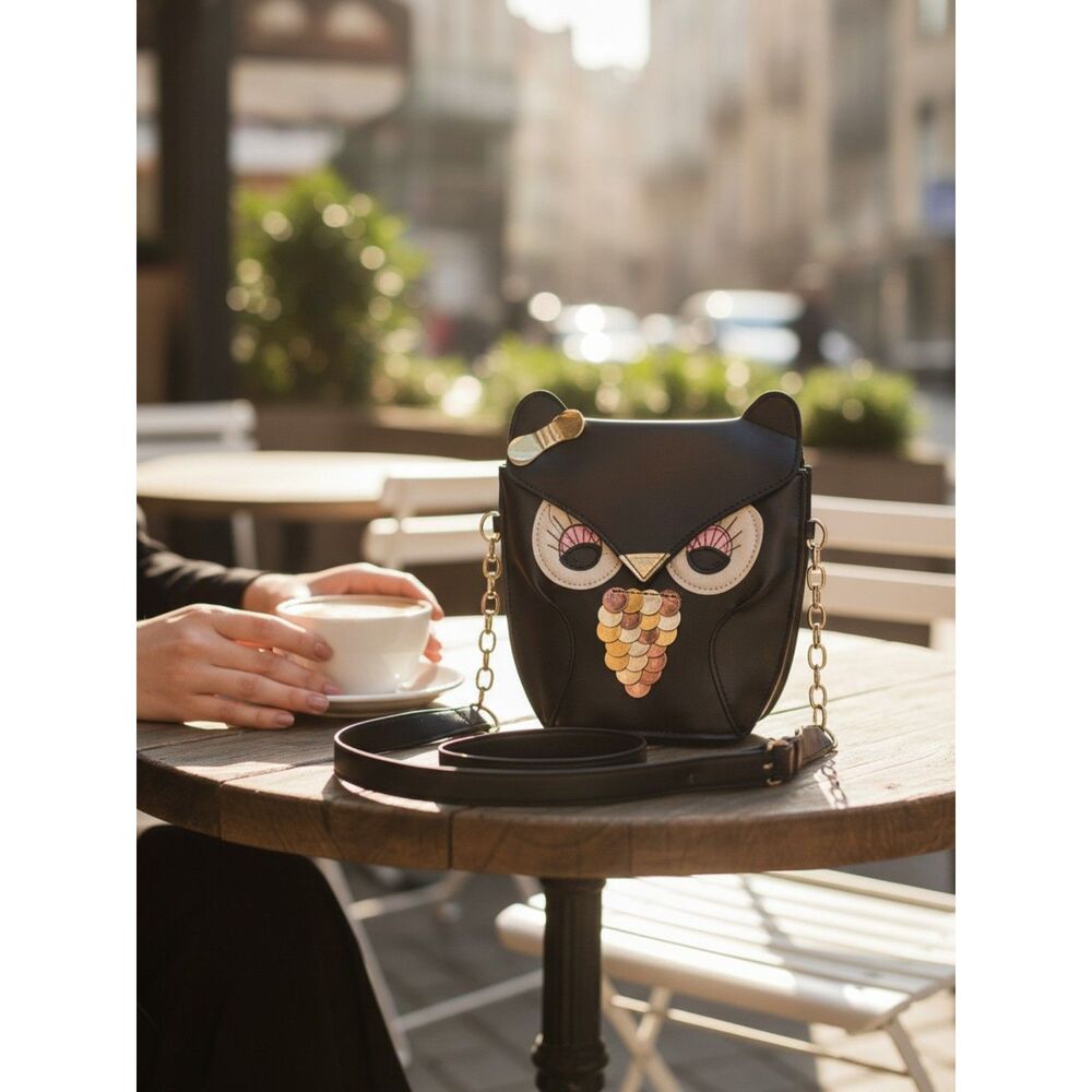 Cute Owl Purse Handbag Crossbody Black Embellished Adjustable Strap 8"x7"